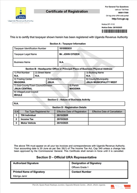 Uganda certificate of taxpayer registration Word and PDF template